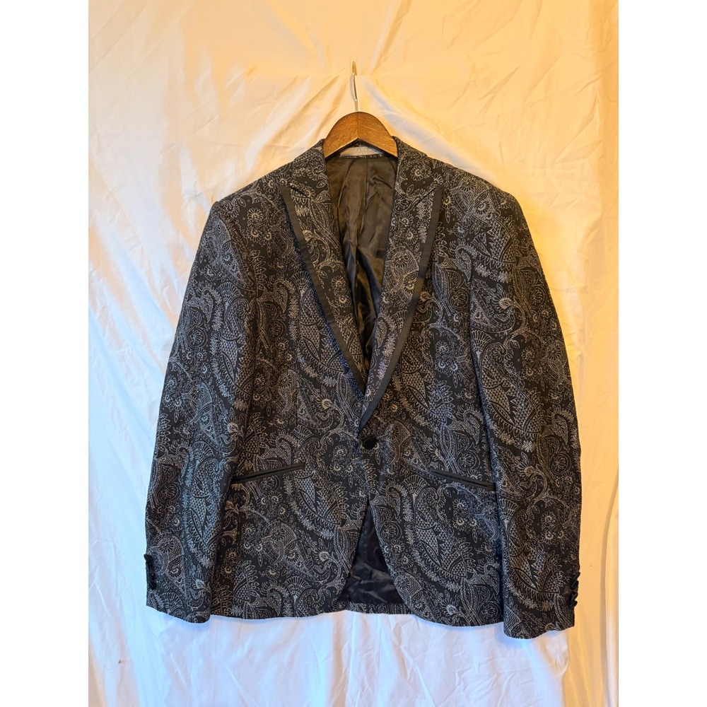 Zara Man Black Silver Paisley Jacquard Blazer Jacket Satin Lapel Mens 40 EUR 50